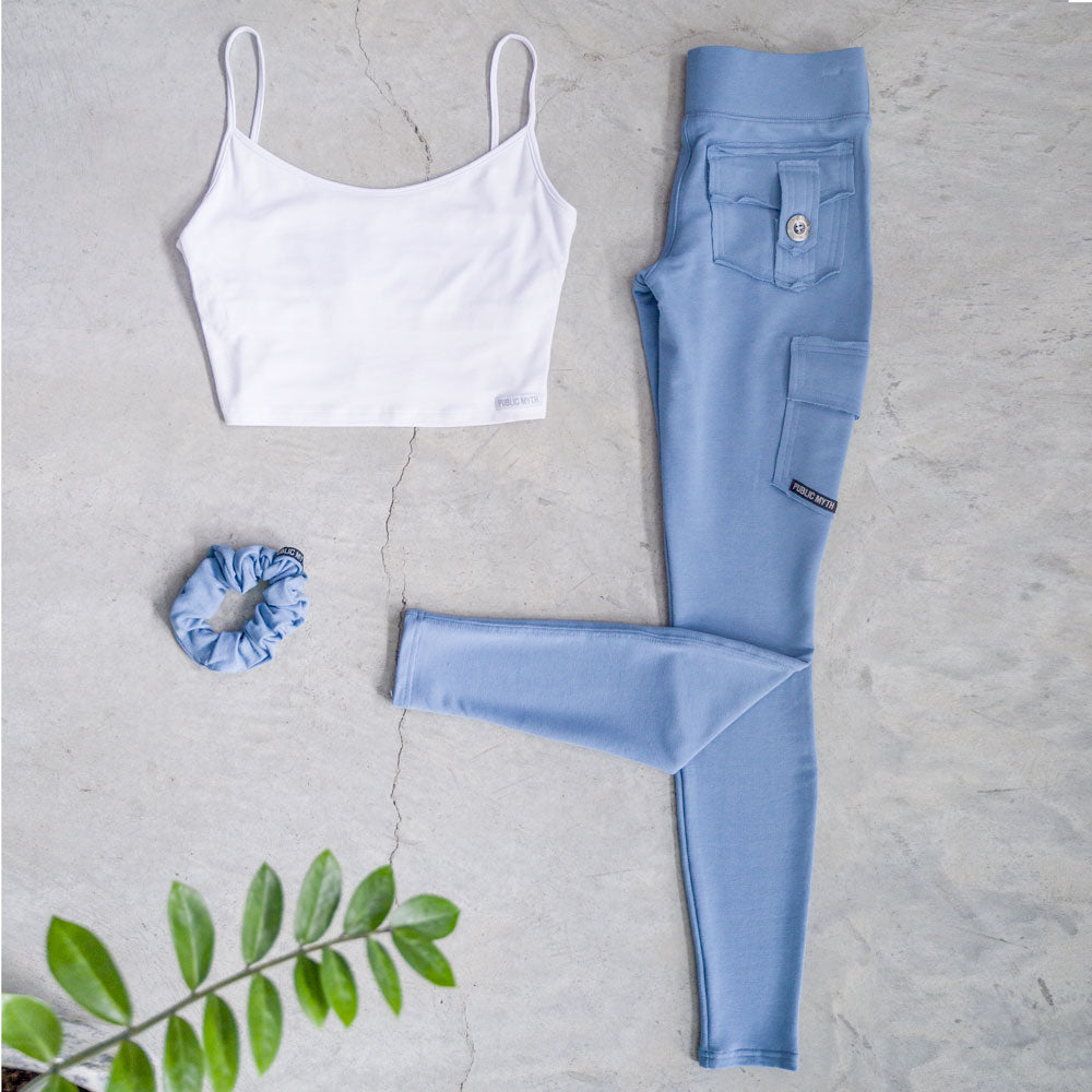 White bamboo cami tank and blue leggings with pockets