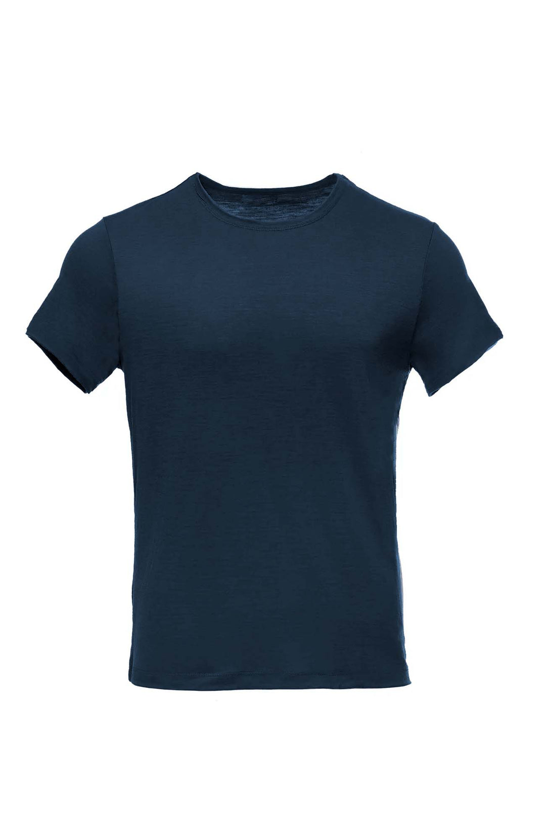 A dark navy blue short-sleeve merino wool crewneck t-shirt displayed against a solid white background.