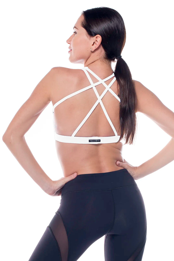 white strappy back sports bra