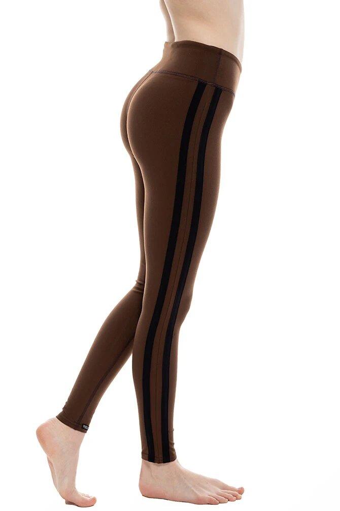 Brown workout leggings with black stripes